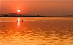 Sonnenuntergang, rot Himmel, Fluss, Boot HD Hintergrundbilder