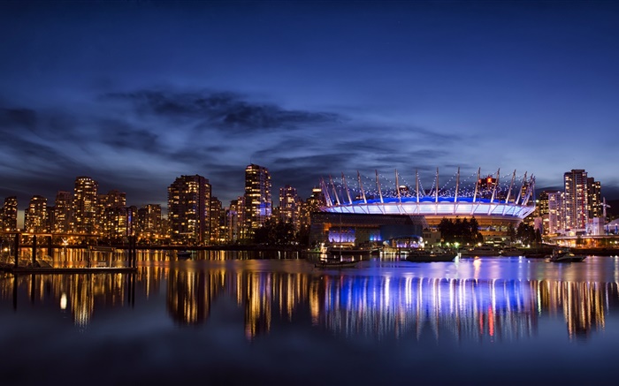 Vancouver, Kanada, Stadt, Wolkenkratzer, Gebäude, Beleuchtung, Nacht, Bucht Hintergrundbilder Bilder