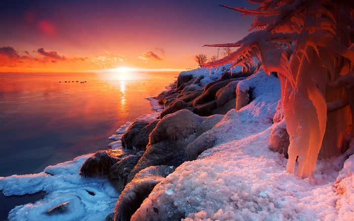 Winter, Sonnenaufgang, See, Eis, Schnee, schöne Landschaft Hintergrundbilder Bilder