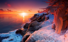 Winter, Sonnenaufgang, See, Eis, Schnee, schöne Landschaft HD Hintergrundbilder
