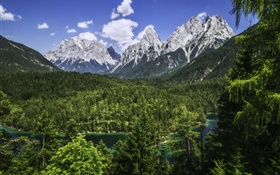 Alpen, Bayern, Deutschland, Gebirge, Wald, Fluss HD Hintergrundbilder