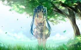 Blue hair anime girl, Hatsune Miku, Bäume, Gras, Laub