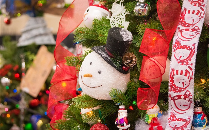 Weihnachtsbaum, Schneemann, Spielzeug, ribbon Hintergrundbilder Bilder