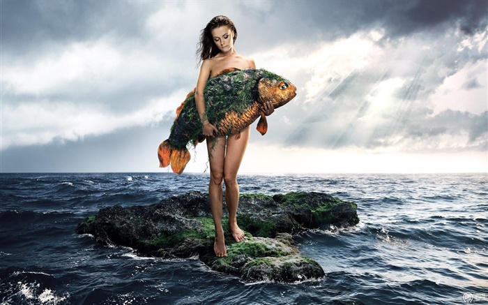 Creative-Bilder, Mädchen halten einen Fisch, Meer, Wolken Hintergrundbilder Bilder