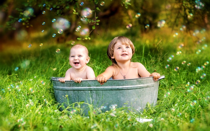 Nette Kinder, Sommer, Gras, Blasen, Freude, Hintergrundbilder Bilder