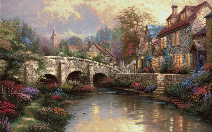 England, Wiltshire District, Landschaft, Dorf, Haus, Brücke, Kunst, Malerei Hintergrundbilder Bilder