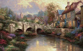 England, Wiltshire District, Landschaft, Dorf, Haus, Brücke, Kunst, Malerei HD Hintergrundbilder