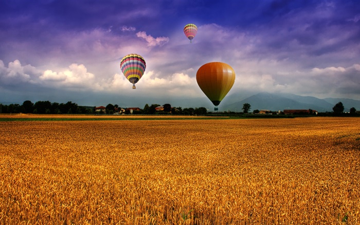 Bauernhof, Bereich, Heißluftballons, Himmel, Wolken, Häuser, Dorf Hintergrundbilder Bilder