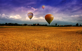 Bauernhof, Bereich, Heißluftballons, Himmel, Wolken, Häuser, Dorf