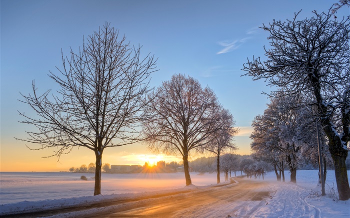 Deutschland, Winter, Schnee, Bäume, Straße, Haus, Sonnenuntergang Hintergrundbilder Bilder