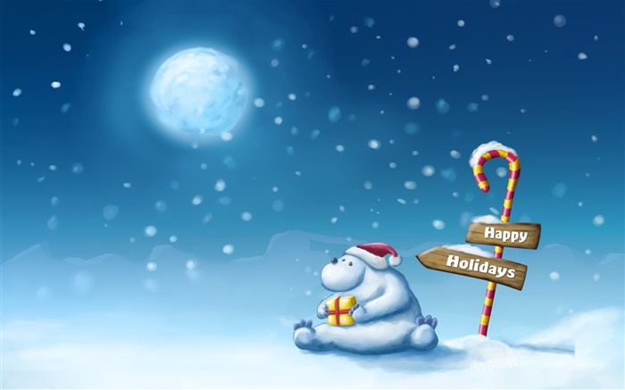 Happy Holidays, Schnee, Bär, Mond Hintergrundbilder Bilder