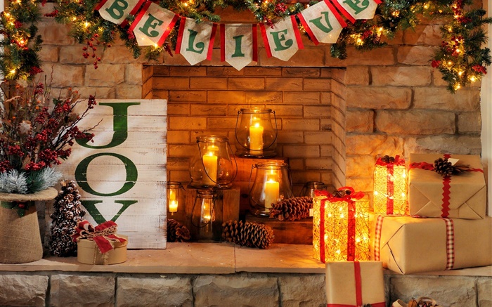 Frohes Neues Jahr, Frohe Weihnachten, Kamin, Kerzen, Geschenk-Boxen Hintergrundbilder Bilder