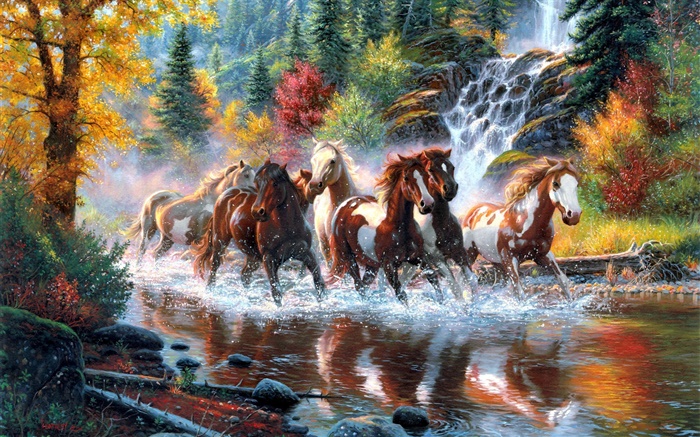 Pferde, Fluss, Wasserfall, Wald, Herbst, Bäume, Kunst, Malerei Hintergrundbilder Bilder
