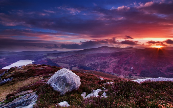 Irland, Berge, Felsen, Blumen, Gras, Wolken, Sonnenuntergang Hintergrundbilder Bilder