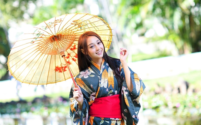 Japanisches Mädchen, kimono, Sonnenschirm, Blend Hintergrundbilder Bilder