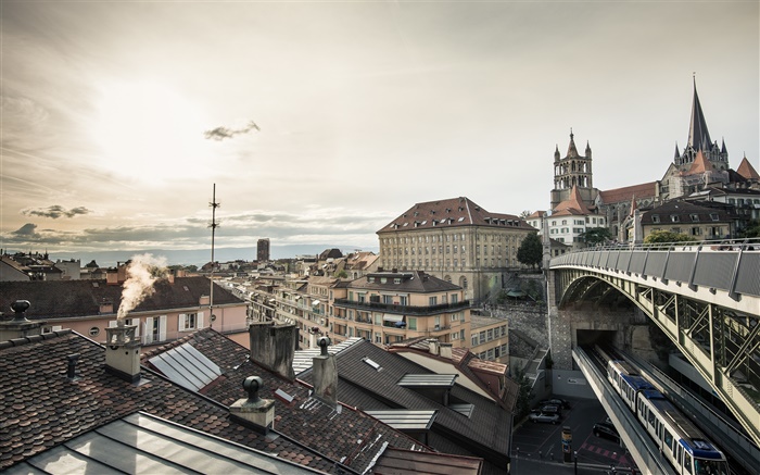Lausanne, Schweiz, Häuser, Zug, Sonne Hintergrundbilder Bilder