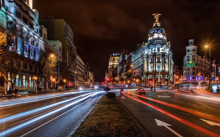 Madrid, Spanien, Stadt Nacht, Lichter, Häuser, Gebäude, Straßen Hintergrundbilder Bilder