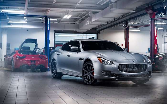 Maserati Granturismo silbernen Auto, Garage Hintergrundbilder Bilder