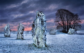 Megalith, Steine, Bäume, Schnee, Wolken, Winter HD Hintergrundbilder