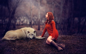 Melis, Mädchen und Wolf, roten Pullover HD Hintergrundbilder