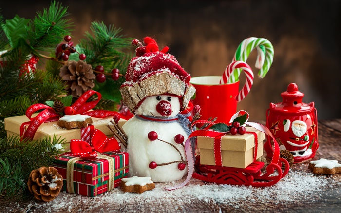 Frohe Weihnachten, Neujahr, Dekoration, Schneemann, Tasse, Süßigkeiten, Geschenke Hintergrundbilder Bilder
