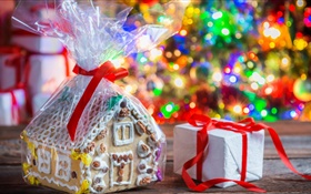 Frohe Weihnachten, Dekoration, Geschenke, bunte Lichter HD Hintergrundbilder