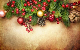Frohe Weihnachten, Dekoration, Tannenzweigen, Beeren, Kugeln HD Hintergrundbilder