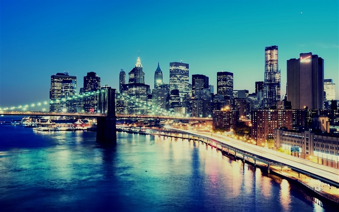 New York, USA, Nacht, die Lichter der Stadt, Wolkenkratzer, Bucht Hintergrundbilder Bilder
