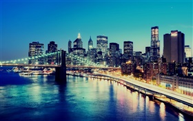 New York, USA, Nacht, die Lichter der Stadt, Wolkenkratzer, Bucht