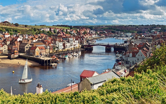 North Yorkshire, England, Fluss, Brücke, Boot, Haus Hintergrundbilder Bilder