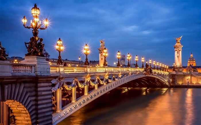 Paris, Frankreich, am Abend, Beleuchtung, Brücke Hintergrundbilder Bilder