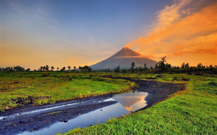 Philippinen, Mayon, Vulkan, Berge, Gras, Bach Hintergrundbilder Bilder