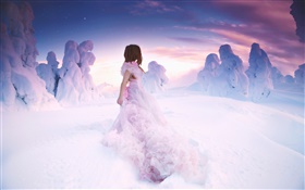 Rosa Kleid Mädchen im Winter, dicken Schnee HD Hintergrundbilder