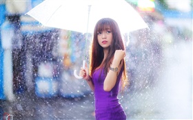 Lila Kleid Asiatisches Mädchen, regenschirm, regen