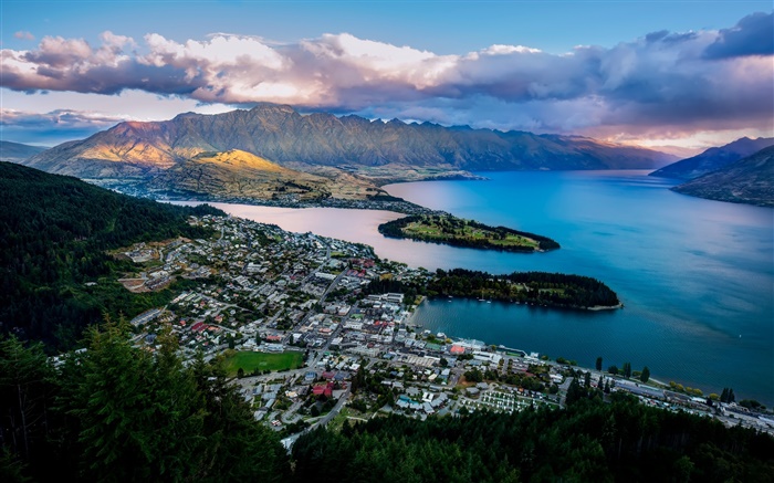 Queenstown, Neuseeland, die Stadt, den Lake Wakatipu, Bucht, Berge, Häuser Hintergrundbilder Bilder
