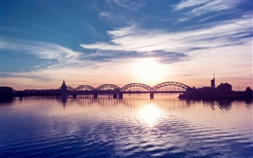Fluss, Brücke, Wolken, Wellen, Stadt, Sonnenuntergang HD Hintergrundbilder