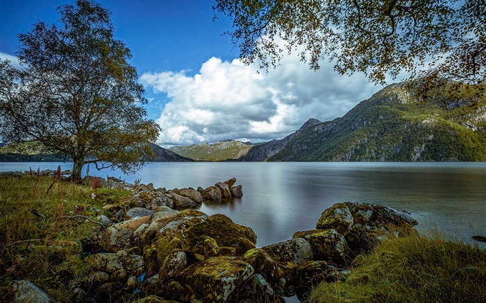 Rogaland, Norwegen, See, Berge, Wald, Felsen, Wolken Hintergrundbilder Bilder