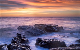 Meer, Küste, Wasser, Felsen, Sonnenuntergang HD Hintergrundbilder