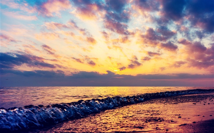 Meer, Wellen, Strand, Sonnenuntergang, Wolken Hintergrundbilder Bilder
