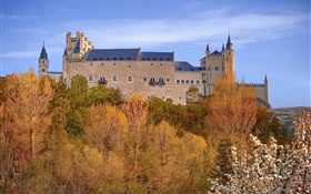 Spanien, Segovia Alcazar, Palast, Bäume, Himmel, Herbst HD Hintergrundbilder