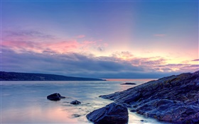 Sonnenuntergang, Meer, Strand, Felsen, Himmel, Wolken HD Hintergrundbilder