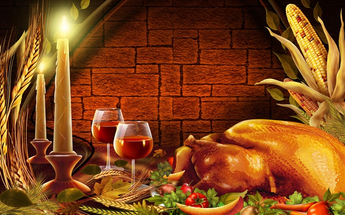 Thanksgiving, Huhn, Kerzen, Weingläser Hintergrundbilder Bilder