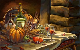 Thanksgiving, Aquarell, Kürbis, Trauben, Wein, Äpfel, Weizen HD Hintergrundbilder
