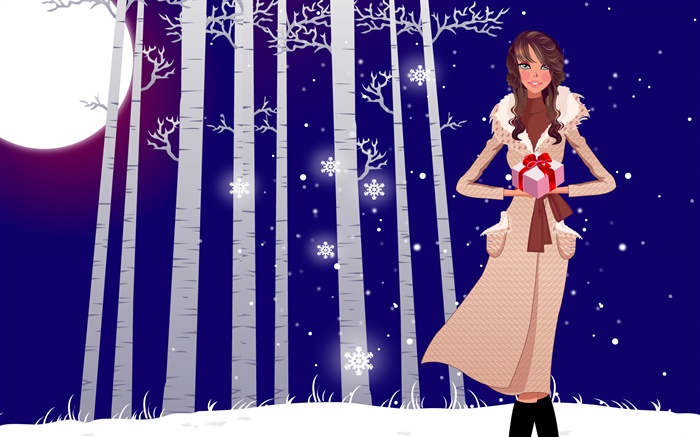 Vector illustration, mädchen, winter, schnee, bäume, Geschenke Hintergrundbilder Bilder