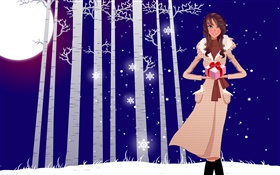 Vector illustration, mädchen, winter, schnee, bäume, Geschenke