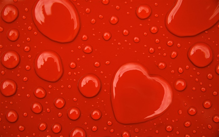 Wassertropfen, Liebesherzen, roter Hintergrund Hintergrundbilder Bilder