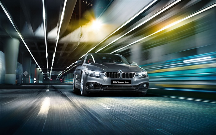 2015 BMW 4-Serie F32 silbernes Auto, hohe Geschwindigkeit, Licht Hintergrundbilder Bilder