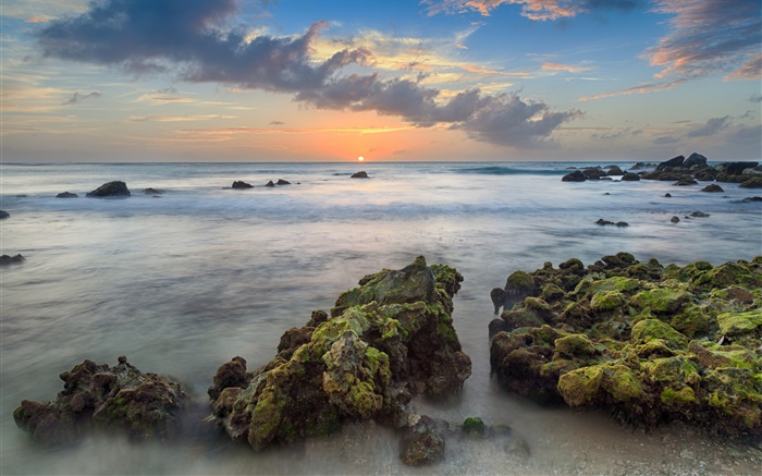 Aruba, Karibik, Arashi Bay, Steine, Meer, Küste, Sonnenuntergang, Wolken Hintergrundbilder Bilder