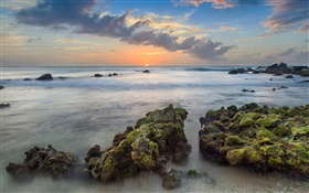 Aruba, Karibik, Arashi Bay, Steine, Meer, Küste, Sonnenuntergang, Wolken HD Hintergrundbilder