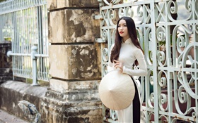 Asiatisches Mädchen, weißes Kleid, langes Haar, Zaun